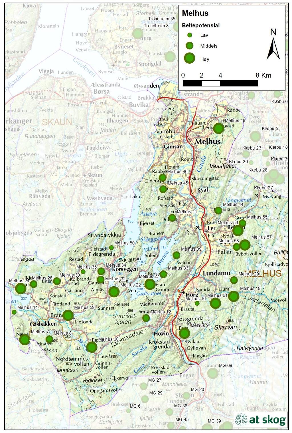 Figur 13. Beitepotensialet for takserte bestand i Melhus i 2018.