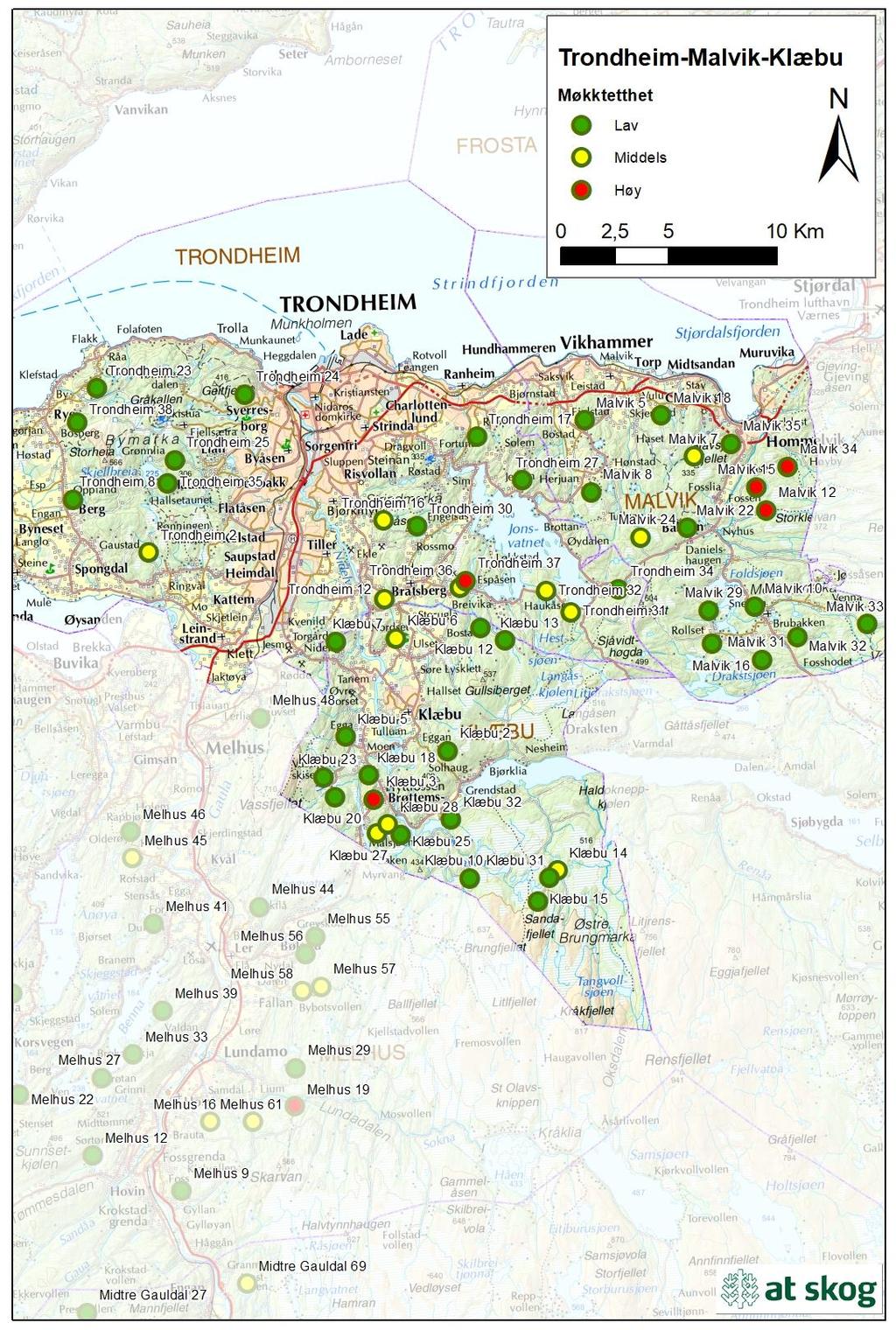 Figur 15. Gjennomsnittlig møkktetthet for takserte bestand i Trondheim, Klæbu og Malvik i 2018.