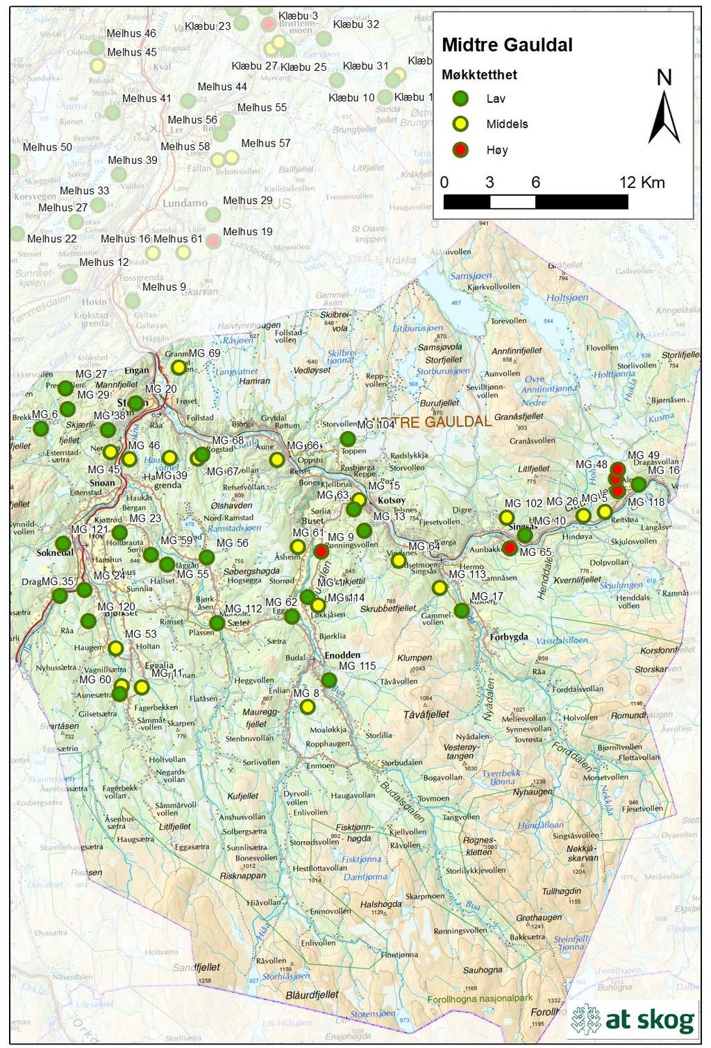 Figur 17. Gjennomsnittlig møkktetthet for takserte bestand i Midtre Gauldal i 2018.