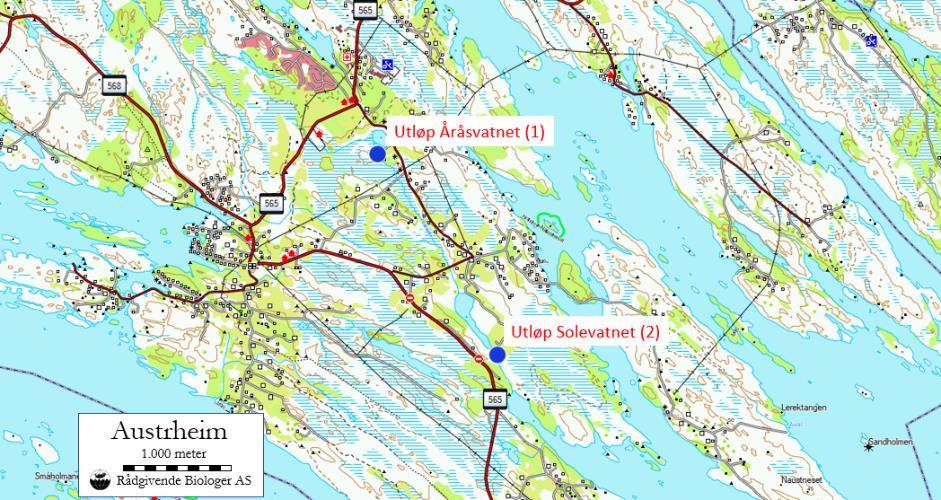 AUSTRHEIM KOMMUNE Figur 1. Kart over prøvetakingsstadane i Austrheim kommune. ÅRÅSVASSDRAGET Åråsvassdraget (066.2) ligg i Austrheim kommune.