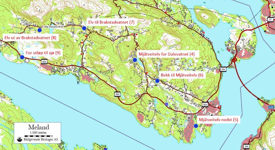 MELAND KOMMUNE Figur 8. Kart over prøvetakingsstadane i Mjåtveit- og Brakstadvassdraget i Meland kommune. MJÅTVEITVASSDRAGET Mjåtveitvassdraget (059.