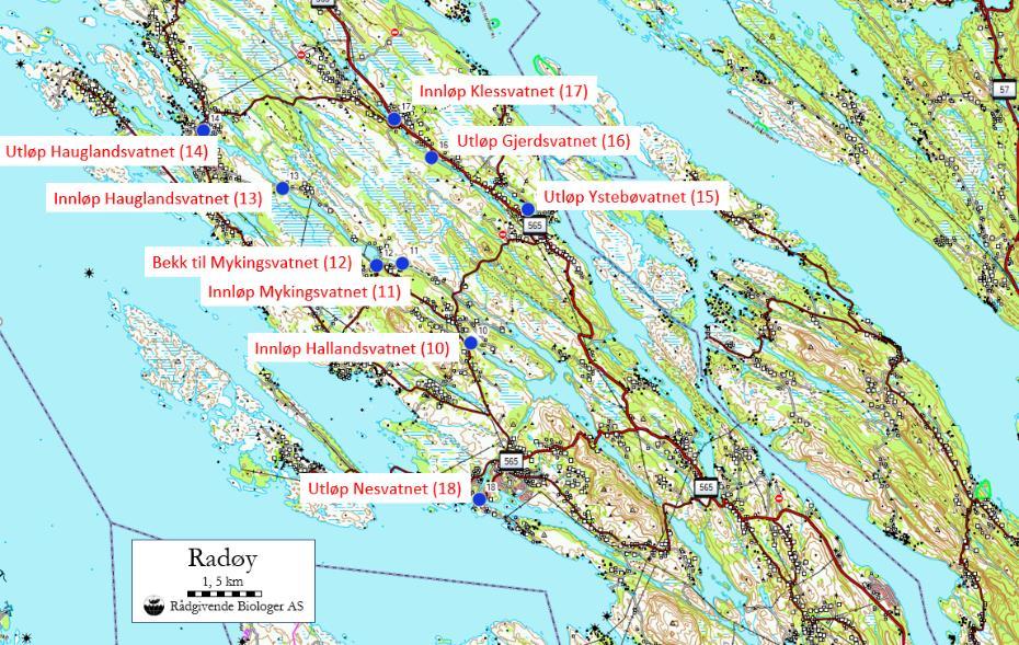 RADØY KOMMUNE Figur 13. Kart over prøvetakingsstadane Hallandsvassdraget og tre andre vassdrag i Radøy kommune. HALLANDSVASSDRAGET Hallandsvassdraget (066.
