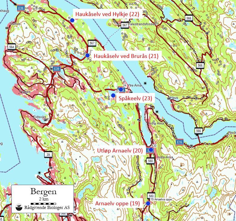 BERGEN KOMMUNE Figur 18. Kart over prøvetakingsstadane i Arna-, Haukås- og Gaupåsvassdraget i Bergen kommune. ARNAVASSDRAGET Arnavassdraget (061.2Z) har utløp av Arnaelva i Sørfjorden Bergen kommune.