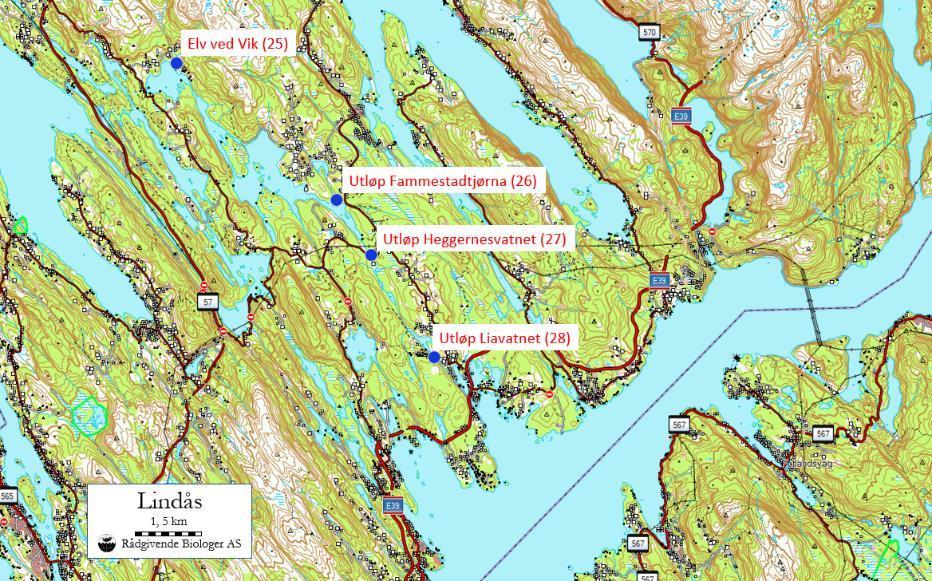 LINDÅS KOMMUNE Figur 25. Kart over prøvetakingsstadane i Eikangervassdraget i Lindås kommune. EIKANGERVASSDRAGET Eikangervassdraget (064.7Z) har utløp av Nedgardselva i Osterfjorden i Lindås kommune.