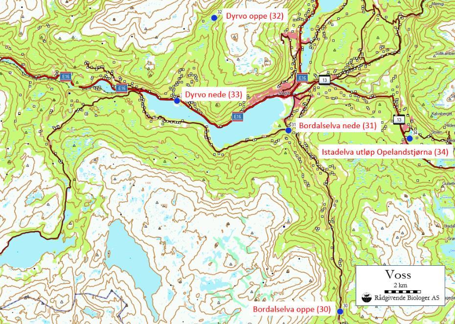 VOSS KOMMUNE Figur 31. Kart over prøvetakingsstadane i Vossovassdraget i Voss kommune.