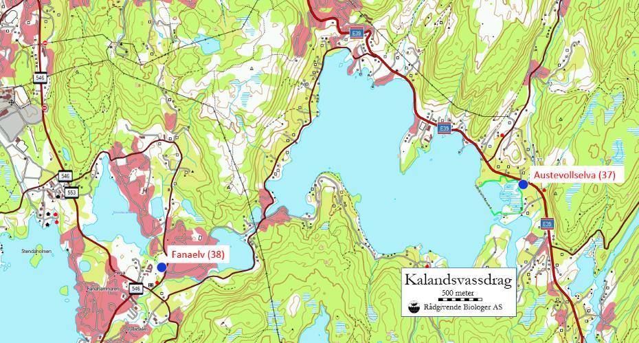 Figur 37. Kart over prøvetakingsstadane i Kalandsvassdraget i Bergen kommune. KALANDSVASSDRAGET Kalandsvassdraget (056.2A) har to utløp av Fanaelva i Fanafjorden Bergen kommune.