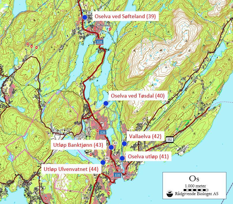 OS KOMMUNE Figur 40. Kart over prøvetakingsstadane i Osvassdraget i Os kommune. OSVASSDRAGET Osvassdraget (055.7A) har utløp av Oselva i Fusafjorden i Os kommune.