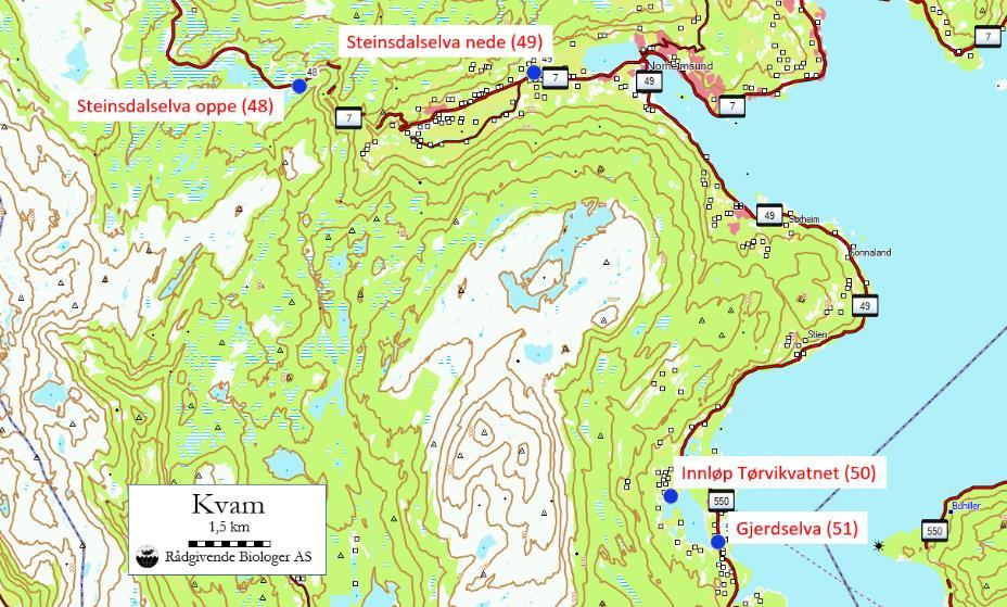 KVAM HERAD Figur 47. Kart over prøvetakingsstadane i Steinsdalsvassdraget og Tørviksvassdraget i Kvam herad.