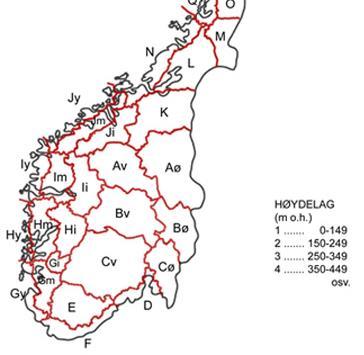 Tabell 3. Figur 2: Sankeområder og høydelag for skogfrø i Sør-Norge. Anbefalinger for Vestlandet må gjøres med forsiktighet i forhold til ytre og indre fjordstrøk (Øyen 2006).