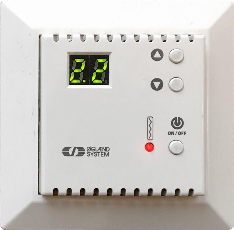 Betjening frontpanel Aktivt punktum. Temperatur er innenfor område -0,9 til +9,9 C. Display viser temperaturområde -9 til +50 C. Kort trykk (Opp-knapp) - innstilt temp.