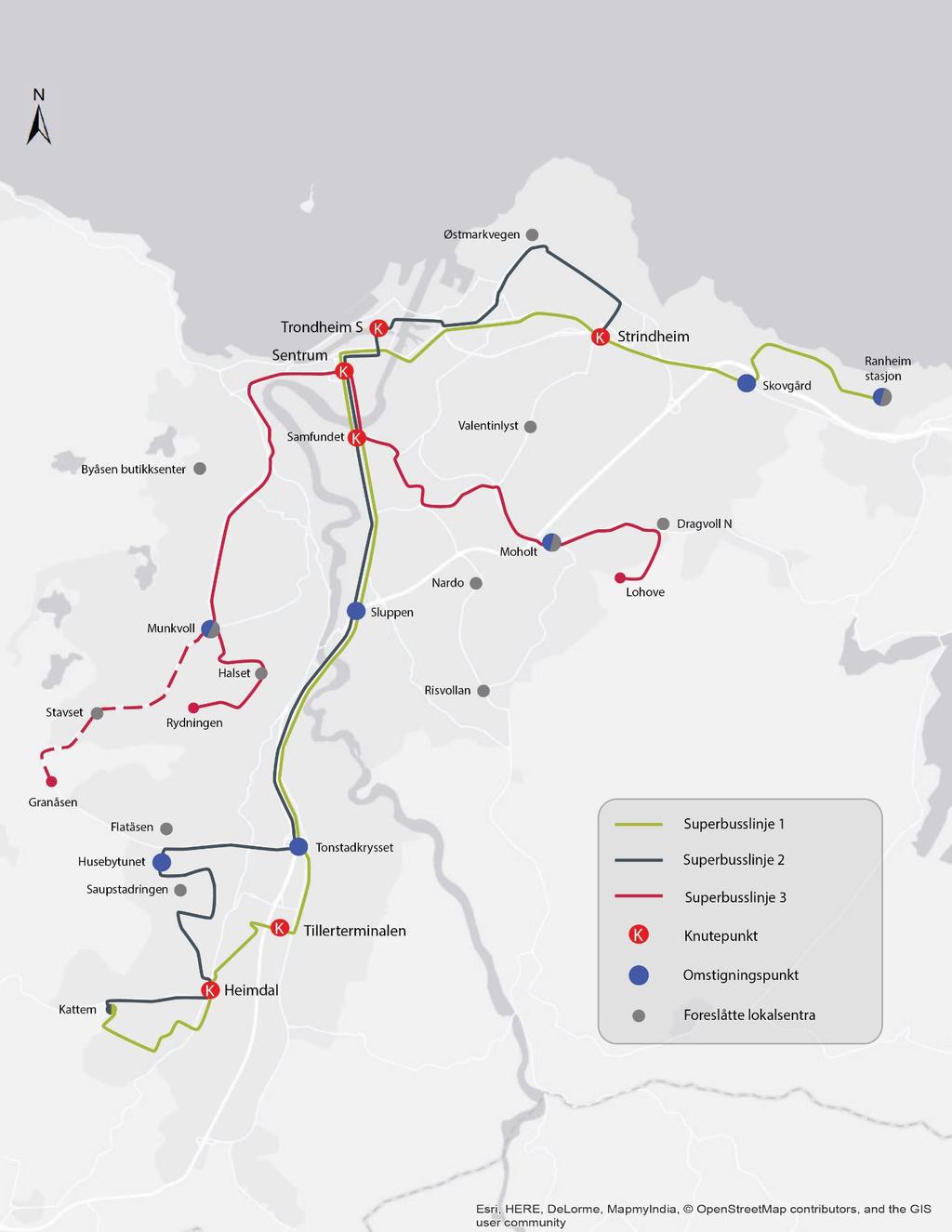 Bymiljøavtale Superbuss (forslag traséer) Rutestruktur buss Trondheim 2018-2028 Rolledeling tog - buss Knutepunkt