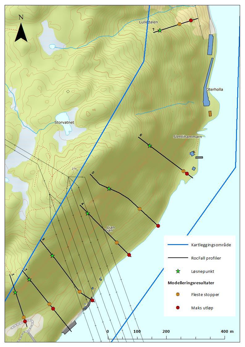 skråningndr stinsprang kan løsn, samt skrdavstningr i form av mindr flak og stin (<0.5 m 3 langs skråningsfotn. Dlr av brgskråningn nær tunnlåpningn r sikrt md stinsprangntt, s Bild 5.