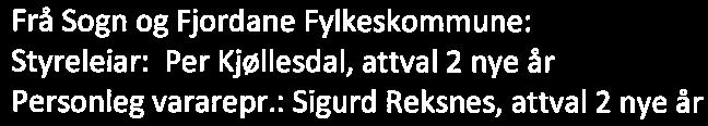 Sak nr. 18/GF-006: Val av medlemmer til styret og valnemnda Valnemnda sitt framlegg til styre i SFE: Frå Sogn og Fjordane Fylkeskommune: Styreleiar: Per Kjøllesdal, attval 2 nye år Personleg vararepr.