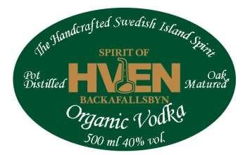 Spirit of Hven Organic Vodka Håndarbeidsvodka med kun økologiske ingredienser, lagret på eikefat. Destillert i enkeltpanner av kobber Farge: Elfenben Aroma: Rund, kremet. Vanilje, lakris og hvete.