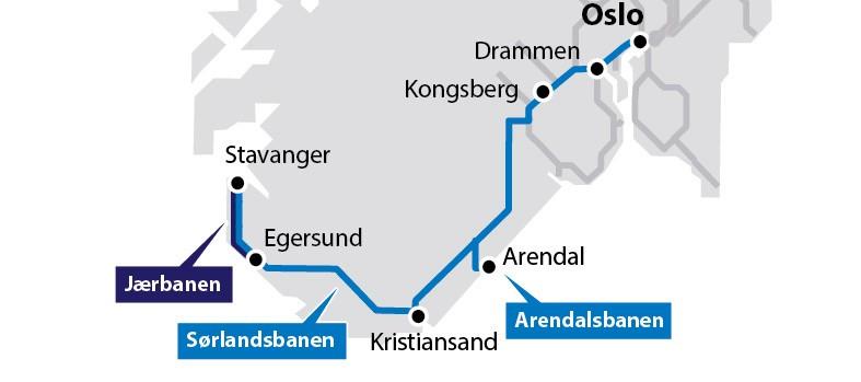 Jernbane Bilde hentet fra togkonkurranse.no Arendalsbanen har 9 stoppesteder og går mellom Arendal og Oslo (36 km). Den hadde en økning på 14,4 % flere kunder i 2015, sammenliknet med 2014.