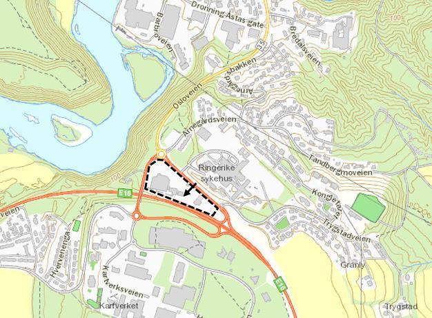 3 1 DAGENS SITUASJON 1.1 Grunnlag Hvervenkastet ligger nær Ringerike sykehus, ca 2 km syd for Hønefoss sentrum.