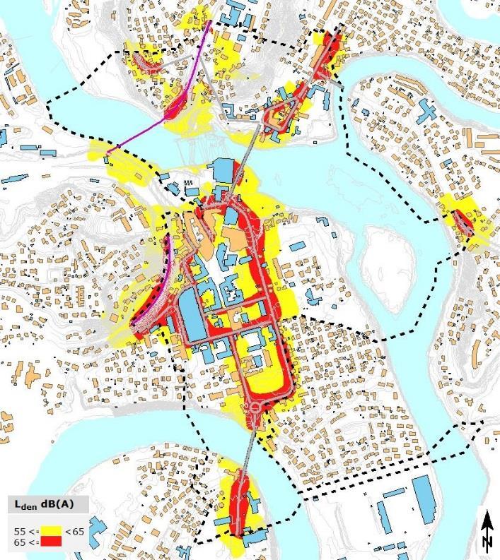 52 (73) HØNEFOSS 7.6 Støyforurensning Hønefoss sentrum er i dag preget av støy fra veitrafikk fra fv. 35 som går gjennom sentrum.