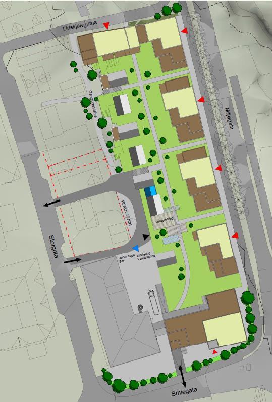 Det er lagt opp til enveiskjøring, med innkjøring mellom Storgata 15 og 19, og utkjøring mellom Storgata 19 og 21. Det er også foreslått avkjørsel fra sør.