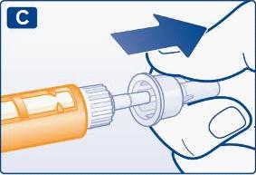 D Dra av den indre nålehetten og kast den. Du må aldri forsøke å sette den indre nålehetten tilbake på nålen. Du kan stikke deg på nålen. Bruk alltid en ny nål til hver injeksjon.