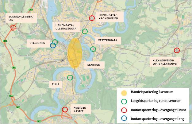 Hønefoss 122 av 167 Figur 7:9 Oversikt over viktige stedfestede tiltak som del av parkeringsstrategi for Hønefoss 7.2.4 Trafikantbetaling Trafikantbetaling er et virkemiddel for trafikkstyring og begrensning.