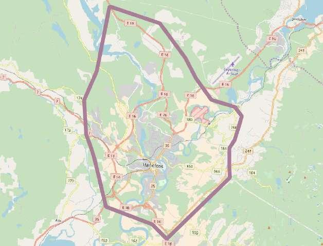 repo001.docx 2015-10-05 2.3 Geografisk avgrensning Modellen avgrenses som vist i figur 1 nedenfor. Området dekker hele Hønefoss sentrum samt E16 som går rundt byen.