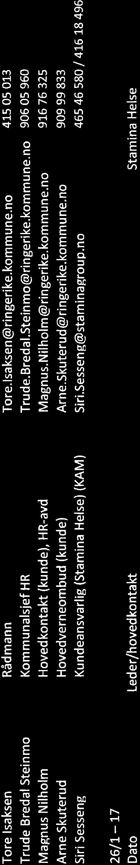 stamina ó Tore lsaksen Trude BredalSteinmo Magnus Nilholm Arne Skuterud Siri Sesseng 26/t-L7 Rådmann Kommunalsjef HR Hovedkontakt (kunde), HR-avd Hovedverneombud (kunde) Kundeansvarlig (stamina