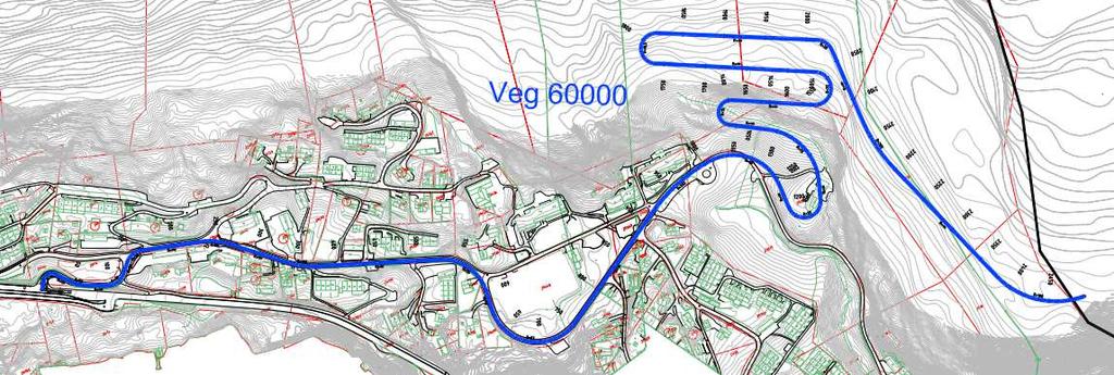 Veglinje alternativ 1. Vegen er delvis i veldig sidebratt terreng, og de høyeste skjæringene blir rundt 35 m (PEL 1550).