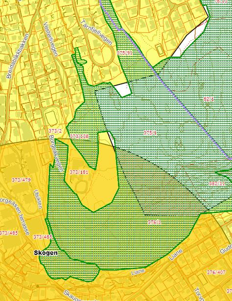 11 (15) Illustrasjon som viser bybåndsavgrensningen (gul) og lokalsenteravgrensningen(oransje) sammen med registrerte verdier for biologisk mangfold (grønn stiplet) Samtidig med ønsket om å vurdere