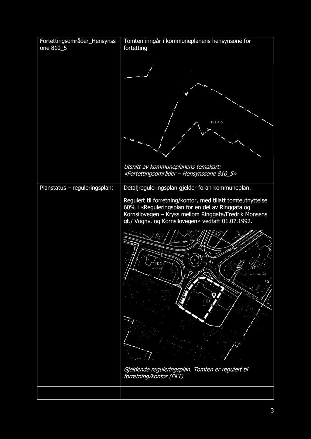 Regulert til forretning/kontor, med tillatt tomteutnyttelse 60% i «Reguleringsplan for en del av Ringgata og Kornsilovegen Kryss me