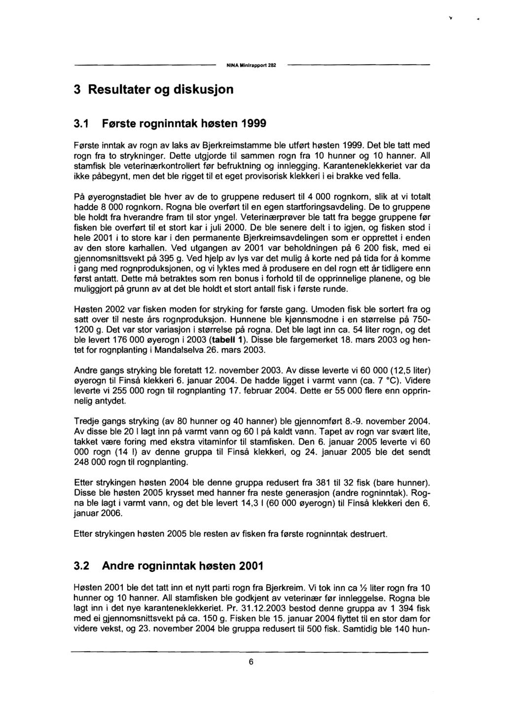 NINA Minirapport 282 3 Resultater og diskusjon 3.1 Første rogninntak høsten 1999 Første inntak av rogn av laks av Bjerkreimstamme ble utført høsten 1999. Det ble tatt med rogn fra to strykninger.