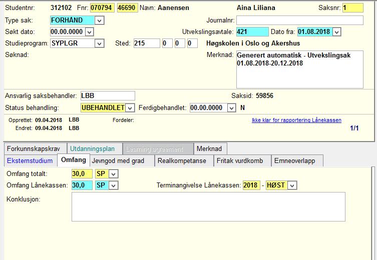 ii. Når studier er valgt som Oppholdstype i utvekslingsperson samlebilde, MEN det er snakk om kombinert opphold, legges det totale antall studiepoeng inn her selv om noen av studiepoengene avlegges