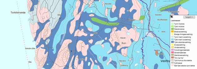 I områdene mellom dyrka mark er det større og mindre fjellpartier med begrenset eller liten løsmasseoverdekning, se områder med rosa farge i figur 3A og 3B.