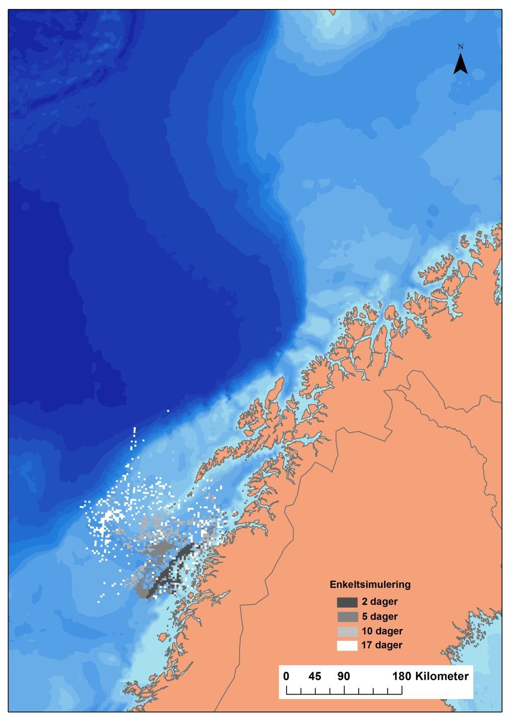 Oljedriftsberegninger Strømdata fra 1998-2005 (døgnmiddel) med 4 4 km oppløsning er anvendt i modelleringen sammen med historiske vinddata Stort antall simuleringer med varierende vind- og
