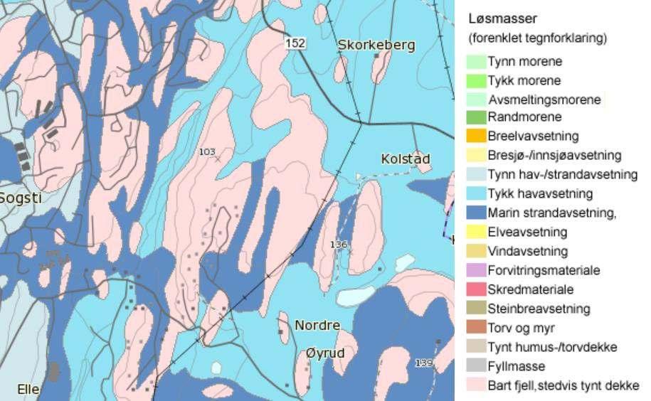 PLANOMRÅDET 27 4.6 Grunnforhold og områdestabilitet Hele området ligger under marin grense. Grunnforholdene på Kolstad består i hovedsak av berg i dagen og tynne løsmassedekker.