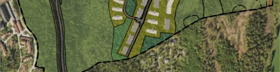 Illustrasjon av mulig full utbygging på Kolstad (barnehage er ikke vist, vil bli på det røde arealet i nord).