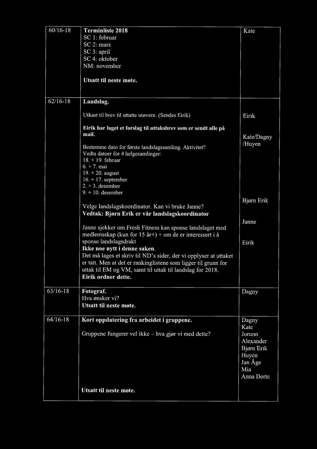 60/16-18 Terminliste 2018 SC 1: februar SC 2: mars SC 3: april SC 4: oktober NM: november Utsatt til neste møte. 62/16-18 Landslag. Utkast til brev til uttatte utøvere.