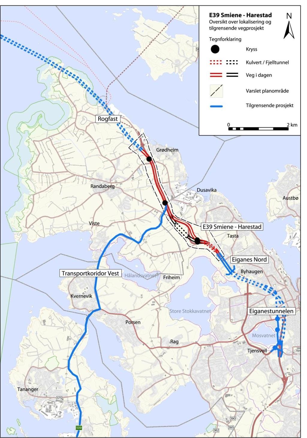 Lokal og regional utvikling 6 2 TILTAKET 2.1 Bakgrunn Kommunedelplan for ny E39 gjelder en cirka 4,5 km lang vegstrekning mellom Smiene i Stavanger kommune til Harestad i Randaberg kommune.