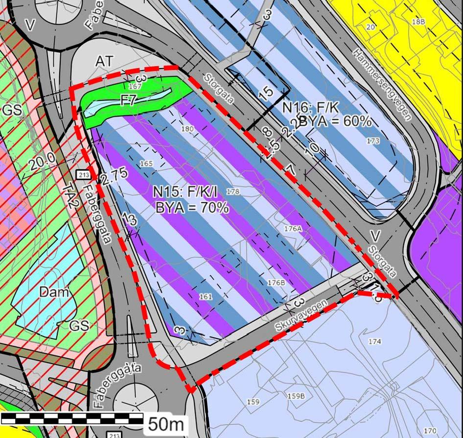 Området er regulert som følger: Tillatt bebygd areal, BYA = 70 %.