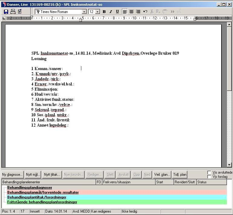 Behandlingsplanen er opprettet 3.3. Registrering av sykepleiediagnoser (NANDA) 1. Klikk på Ny diagnose i menylinjen øverst i behandlingsplandelen av dokumentet 2.