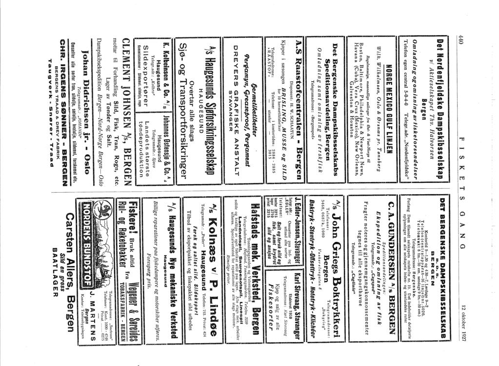 440 P S KfT S o A N O 2 oktober 927 Def Nord'enfj eldske Dampskibss elskap vi Aktieselskapef Thv. Halvorsen Bergen Telefon egen central 5-0-4-0 Omladning ogomisningavfiske/orsendejser Telegr.adr.