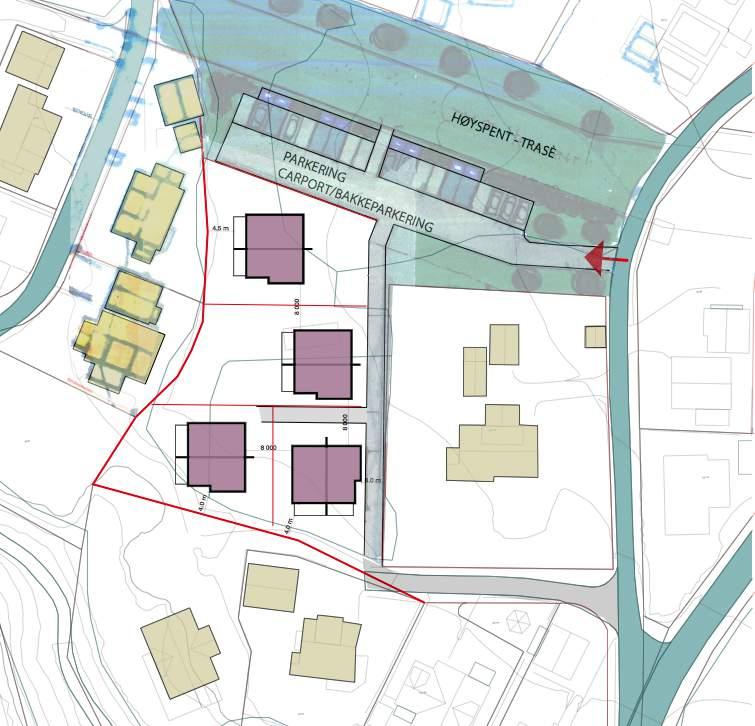 2.2 Utbyggingsvolum og byggehøyder Foreløpig skisseprosjekt viser en utnyttelse av eiendommen gbnr. 50/3 teig 1, med etablering av 4 tomannsboliger i to etasjer, totalt 8 boenheter.