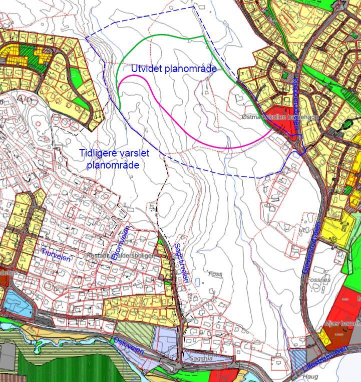 Figur 2: Planområdets avgrensning og forholdet til gjeldende reguleringsplaner. Utvidet plangrense vist med blå strek.