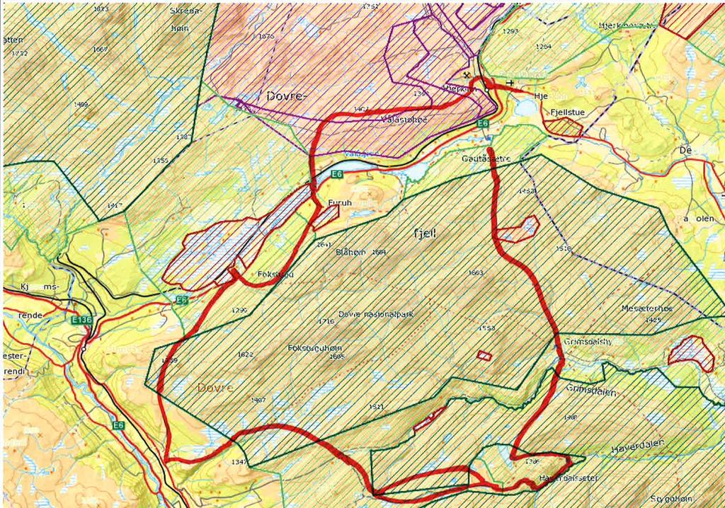 Etter oppfordring fra nasjonalparkforvalter ble rutevalget er inntegna på kart og levert 26.06.