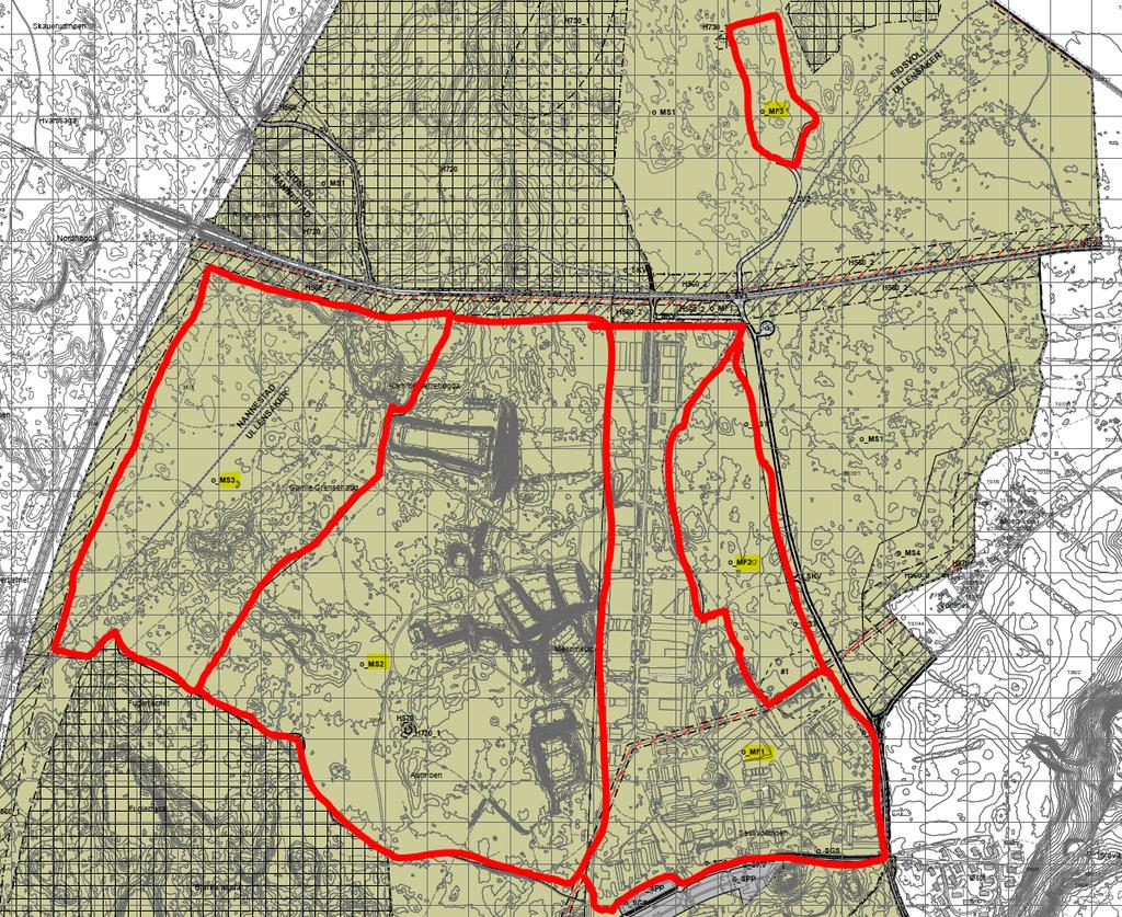Side 3 av 9 MF3 MS3 MF2 MS2 MF1 Figur 3-1 Utsnitt av reguleringsplankart. Arealer hvor det tillates større byggetiltak er markert med rød strek.