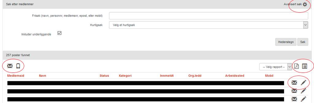 Du kan sende epost til et enkeltmedlem ved å trykke på konvolutten ved siden av den enkelte, eller til hele den framsøkte medlemsmassen ved å trykke på konvolutten oppe til venstre for