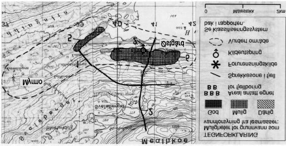 Fig. 3 Utsnitt av kartblad 1924 I Jomafjellet og 1924 IV Røyrvik (M711) som viser det vurderte området ved Østgård - Myrmo.