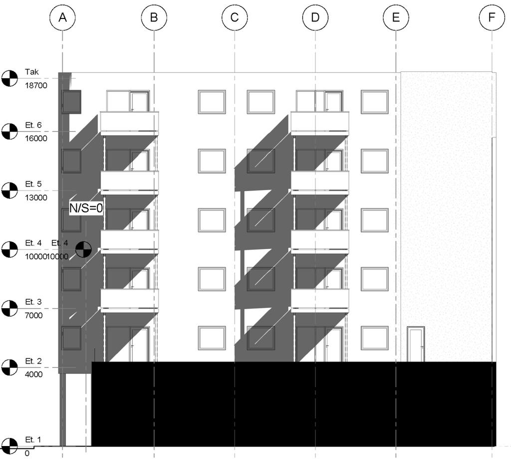 4.2 Fasade og balkonger mot sør L den under 55 db Figur 4. Støynivå Fasade mot sør (ikke i målestokk). 4.2.1 Kommentar til beregnet