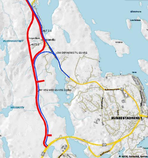 Alt. 2: Side 12 Søre Stongarvågen Brubakken nord Figur 9 Alternativ 2, nye vegtraséalternativ Alternativet til å utbetre dagens veg er å bygge ny veg mellom Brubakken nord og Strongarvågen.