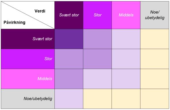 Oppgaven har ikke vært å vurdere konsekvenser innenfor hele verdi/påvirknings-spekteret, men å identifisere arealer der