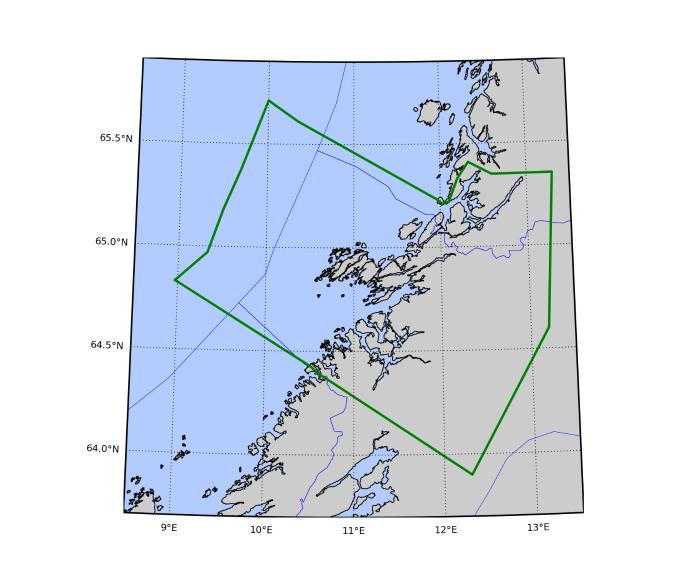 Produksjonsområde 7 avgrenses ved 30 nautiske mil fra grunnlinjen og følgende linjer: 1. Fylkesgrense ved Skjemta, Flatanger, N 64 25.74 Ø 10 30.60 til åpen sjø N 64 49.80 Ø 8 58.